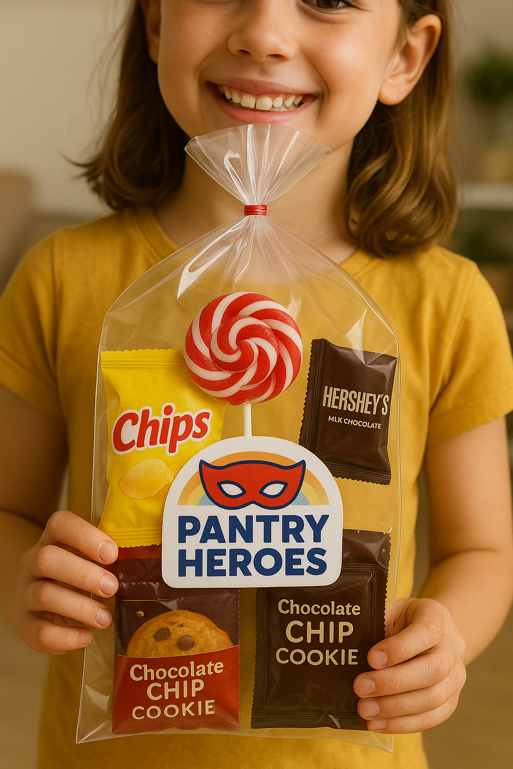 Child with Pantry Heroes snack pack in twist-tie bag, surrounded by balloons and colorful decorations