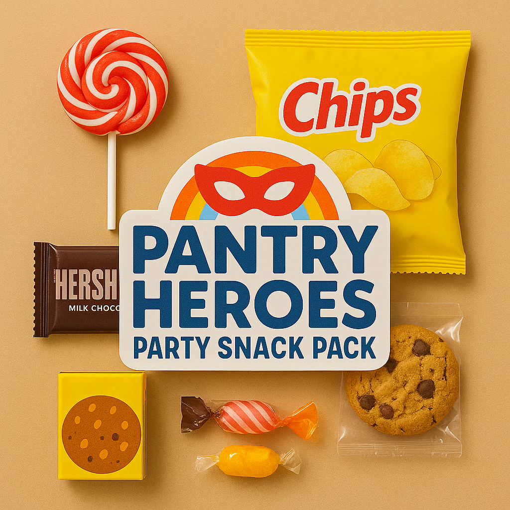 Flat lay of Pantry Heroes Snack Hero Mini pack with chips, cookie, chocolate, and lollipop on beige background