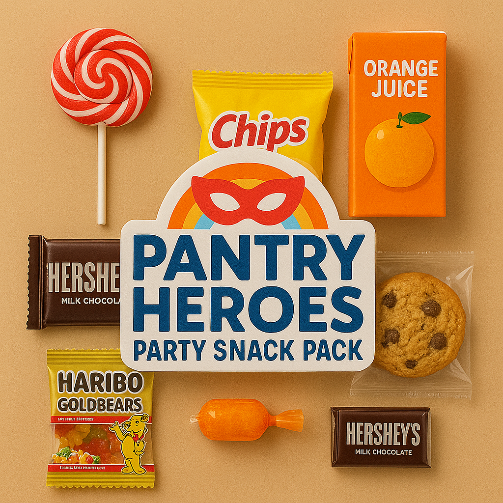 Colorful Snack Hero Classic pack with chips, cookie, lollipop, juice box, and candy arranged on neutral table