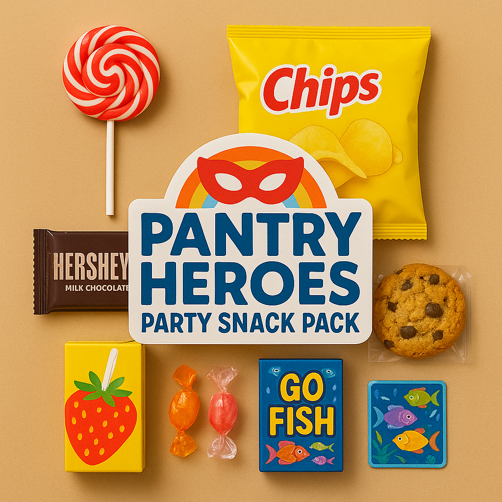Deluxe Pantry Heroes snack pack with chips, cookie, juice box, sweets, chocolate, and a card game, arranged with party-themed elements