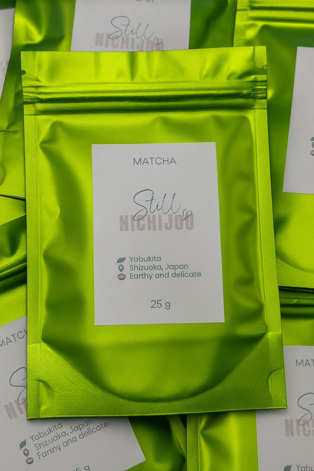 Still, NICHIJOU 100% matcha powder 25g in bright green resealable bag from Shizuoka Japan