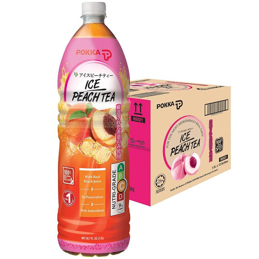 Pokka Ice Peach Tea 1.5L bottle with 12-pack box featuring real peach juice and natural flavor.